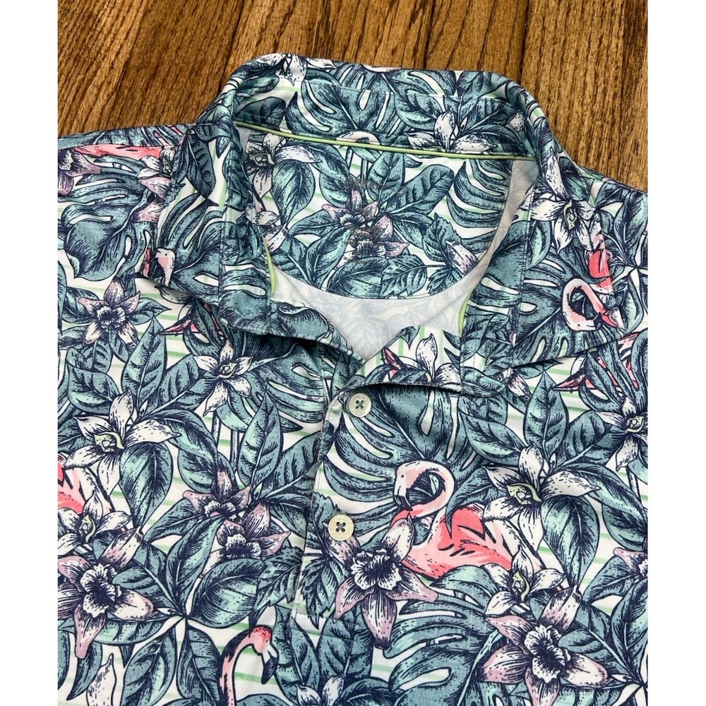 Johnnie‎ O Shirt Blue Golf Polo AOP Floral Flamingo Performance Men's Size XL